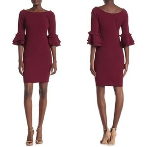 BLVD 3/4 Layered Bell Sleeve Wine Mini Dress